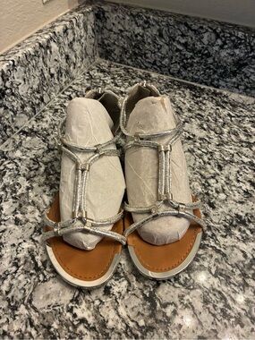 Soda Metallic Silver T-Strap Flat Sandals with Tan Footbed
